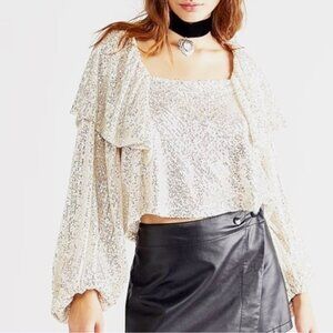 Free People Silver Tiered Ruffle Balloon Sleeve Sequin Flowy Top Size XS NWT